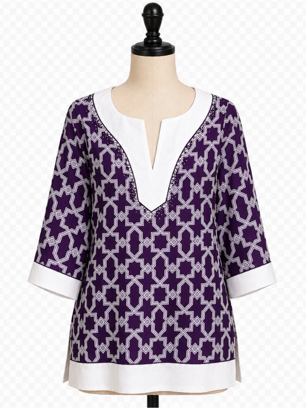 Lafayette 148 Size 10 Purple White 3/4 Sleeve Semi Sheer Women’s Tunic Beaded